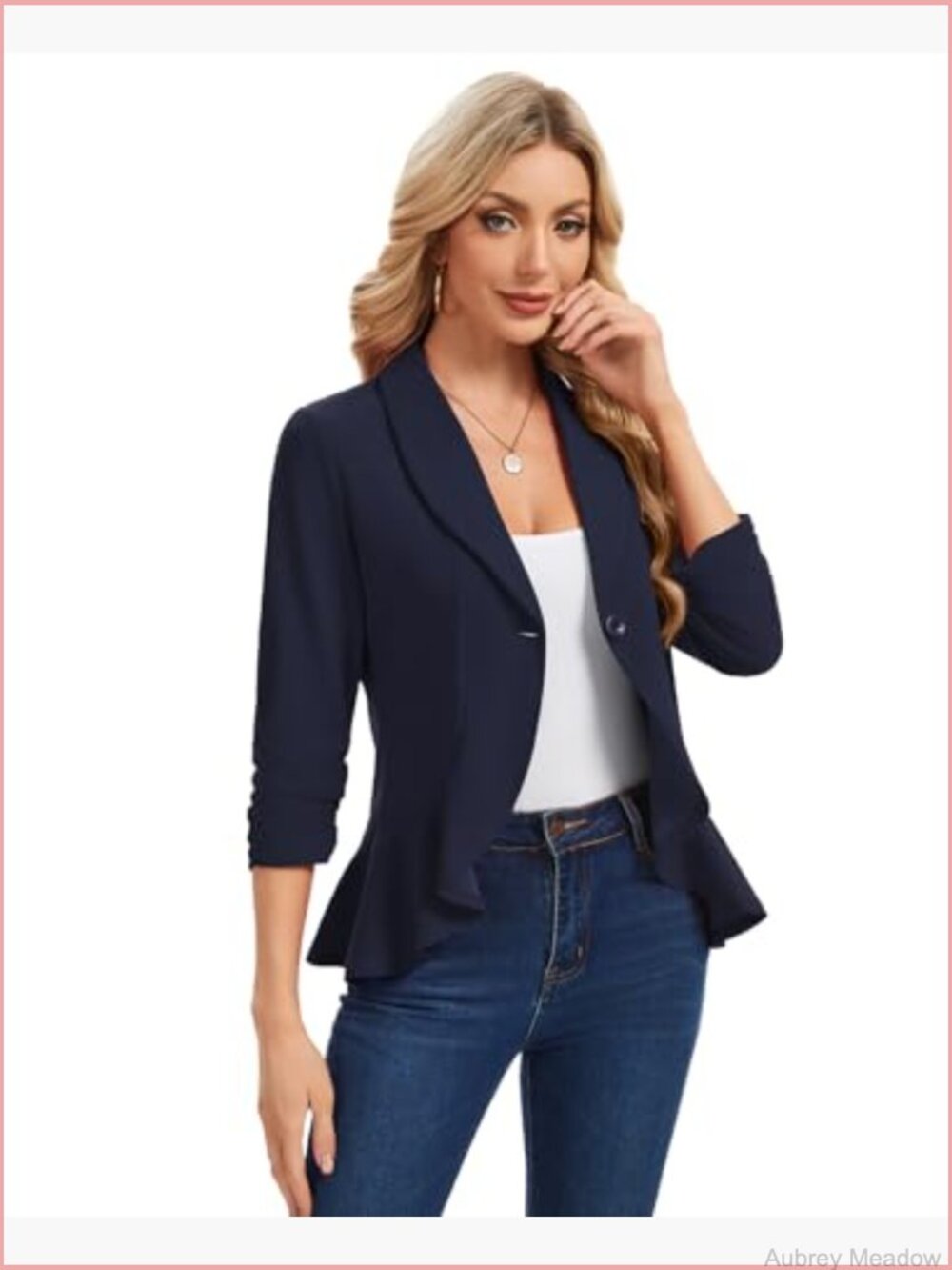 Casual Ruched 3/4 Sleeve Blazer Ruffle Hem Shawl Lapel One Button Jacket Suit - Picture 6 of 7